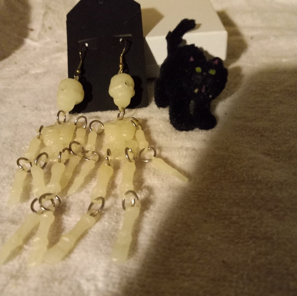 Used,not new plastic  5in. pierced  skeleton earrings & black  felted cat pin. - Picture 2 of 3